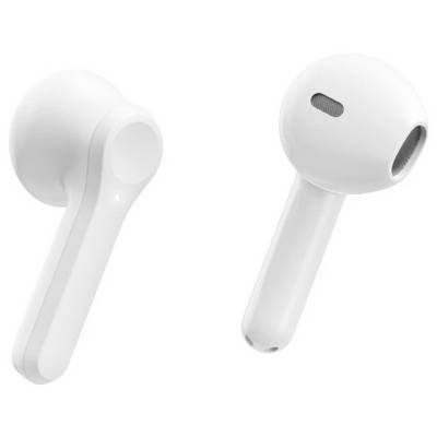 Pair of white wireless earbuds shown on a white background, one facing forward and one angled to reveal the speaker openings.