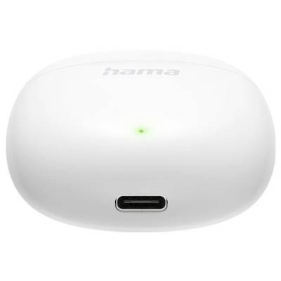 White Hama wireless earbuds charging case with a green indicator light and USB-C charging port.<br>