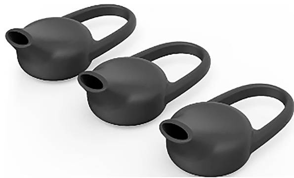 Three black oval-shaped spouted containers with loop handles, shown on a white background.<br>