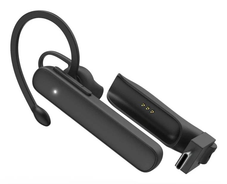 Black wireless Bluetooth headset and separate charging case shown on a white background, with an over-ear earpiece and USB-C charging port.<br>