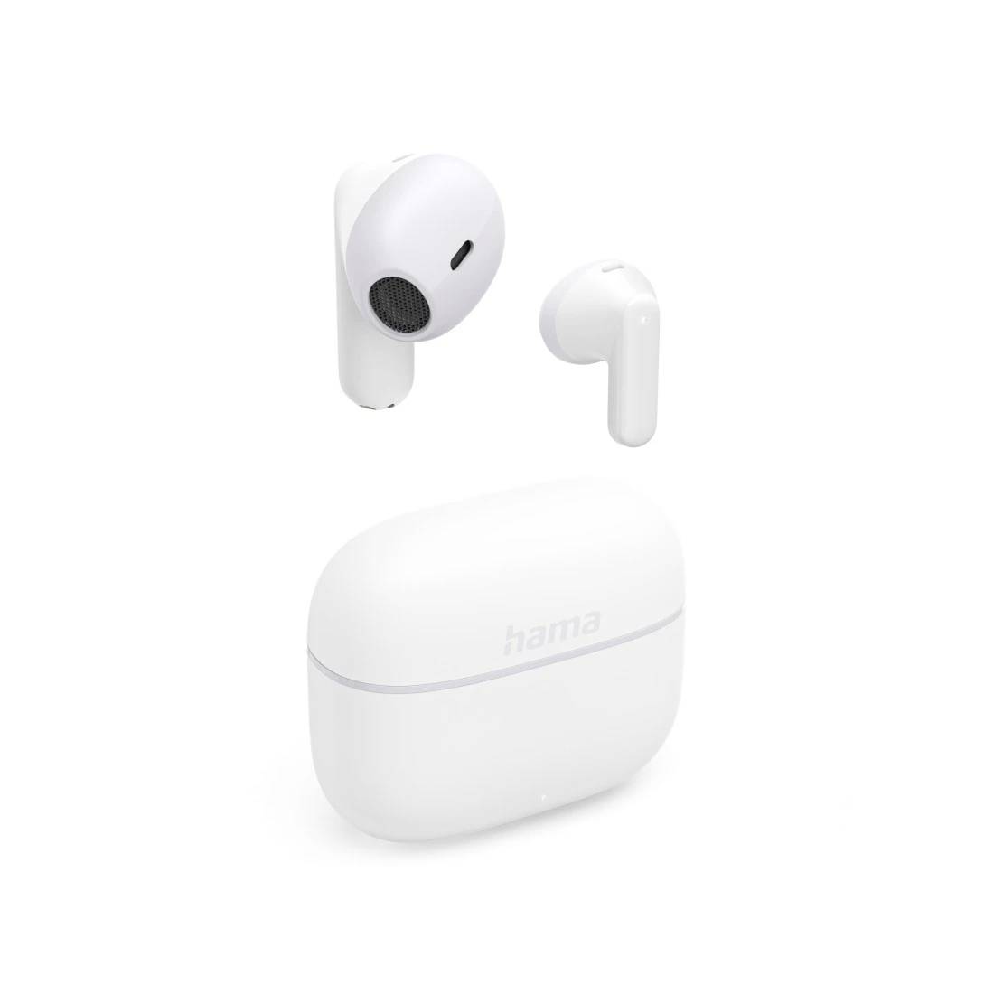 White wireless earbuds with a matching charging case, shown on a plain white background.