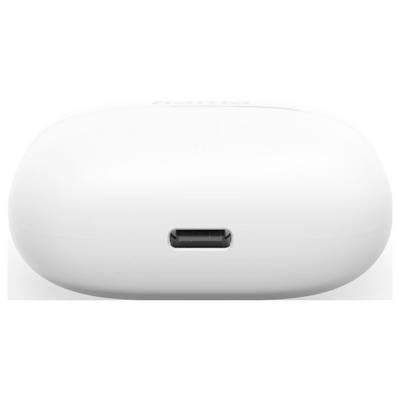 Close-up of a white wireless earbud charging case showing the front USB-C charging port.