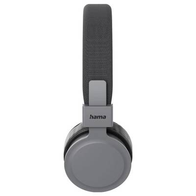 Gray over-ear headphones with a tall rectangular black padded headband and 'hama' logo on the side<br>
