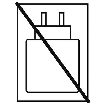 Outlined wall socket icon crossed by a diagonal slash, indicating no electrical outlet or power use.<br>