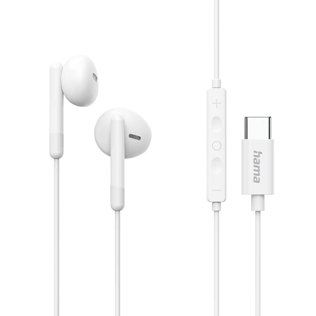 White wired in-ear headphones with inline volume remote and USB-C connector on a plain background.