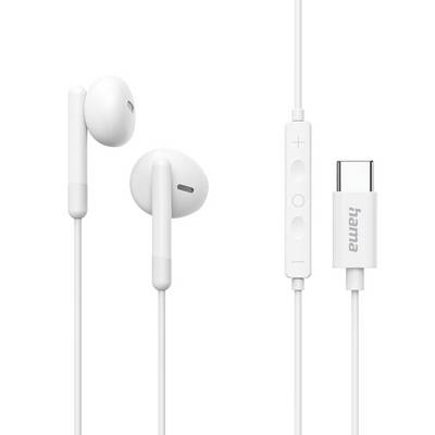 White wired in-ear headphones with inline volume remote and USB-C connector on a plain background.