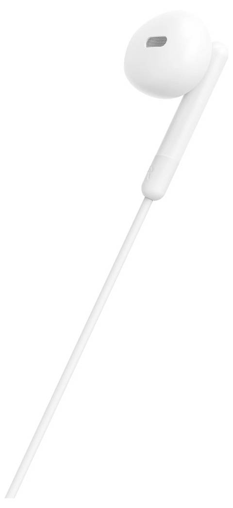White wired earbud headphone with a long cable on a plain white background.
