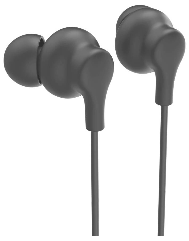 Pair of black wired in-ear earbuds shown against a plain white background.