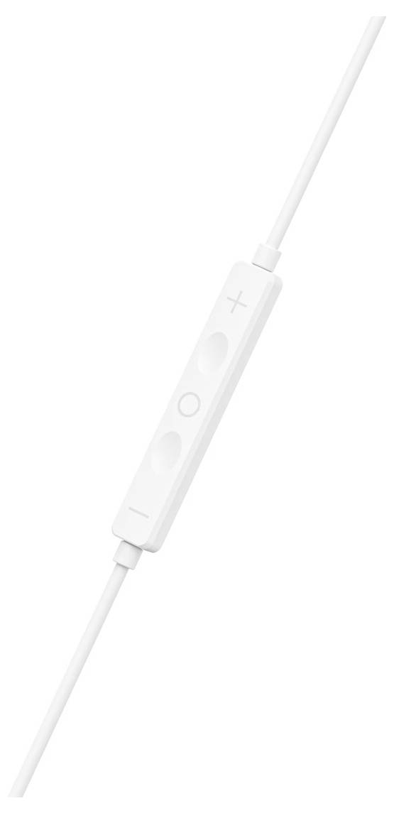White wired in-line remote for earbuds or headphones with volume and play/pause controls on a plain background
