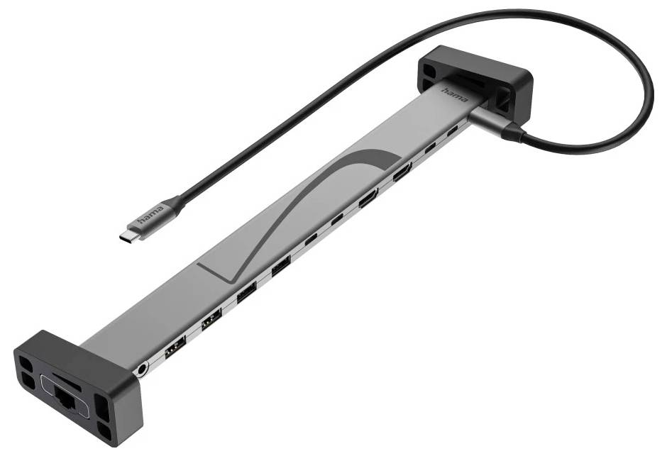 Gray multiport USB hub/docking adapter with a built-in USB cable and multiple side ports, shown on a white background.