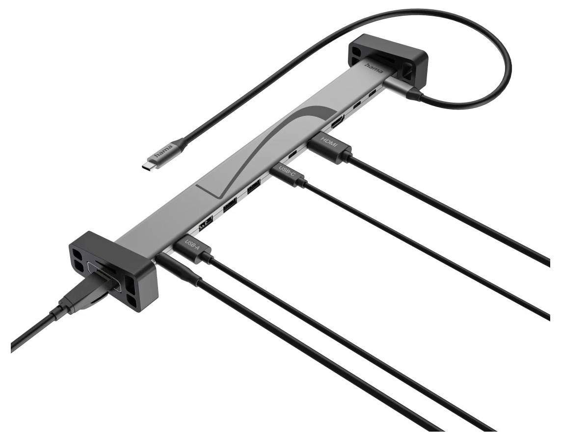 USB-C docking hub with multiple connected cables, showing a central adapter that expands one port into several connections.