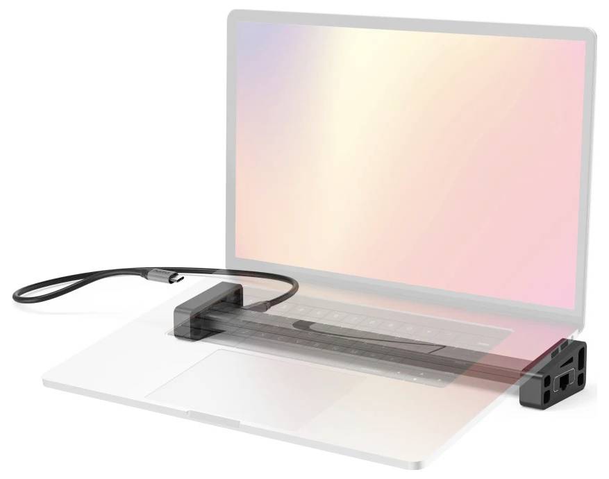 Transparent laptop cooling stand with built-in fans and a USB power cable attached to the side of an open laptop.