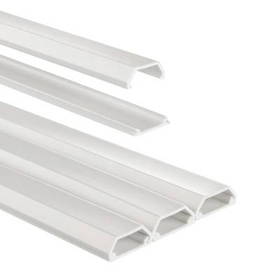 White plastic cable raceway channels for concealing and organizing wires, shown in several angled lengths on a plain white background.