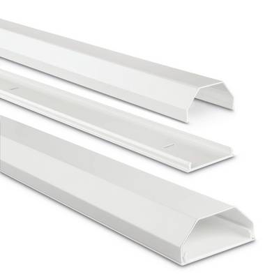 Three white plastic cable raceway covers shown in different sizes and profiles on a plain white background.