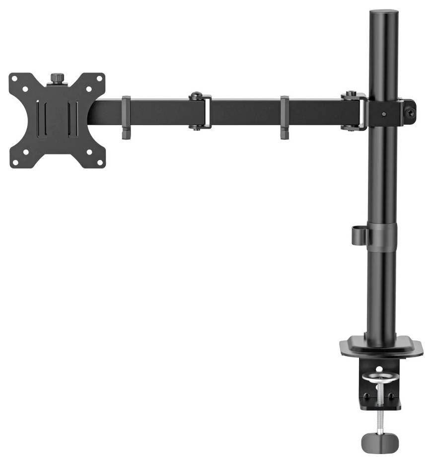 Black adjustable monitor mount with VESA bracket, horizontal arm, and clamp-on pole stand on a white background.