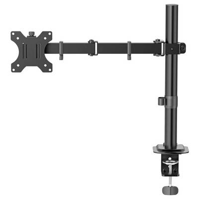 Black adjustable monitor mount with VESA bracket, horizontal arm, and clamp-on pole stand on a white background.