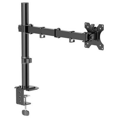 Black adjustable monitor arm clamp-mounted to a desk with a VESA plate for attaching a flat-screen monitor.
