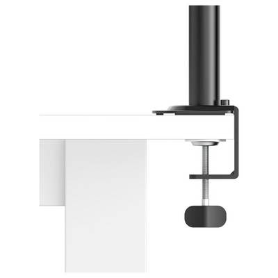 Close-up of a black clamp attached to the edge of a white desk, with an adjustable screw tightening underneath.