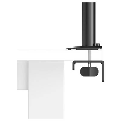 Black desk clamp with threaded screw tightening onto a tabletop, securing an attached device or holder underneath the edge.<br>