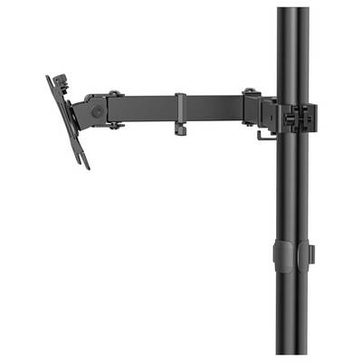 Black adjustable monitor arm mounted to a vertical pole, holding a screen at the left on a white background.