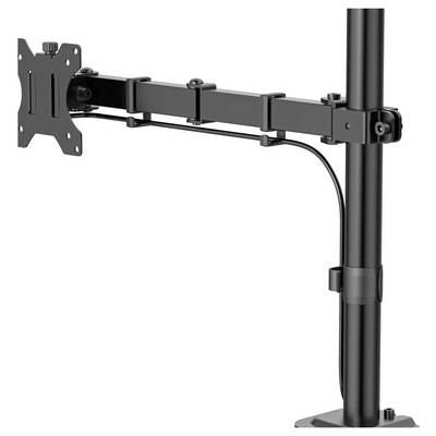 Adjustable black monitor arm attached to a vertical pole mount, with a VESA plate for holding a screen.
