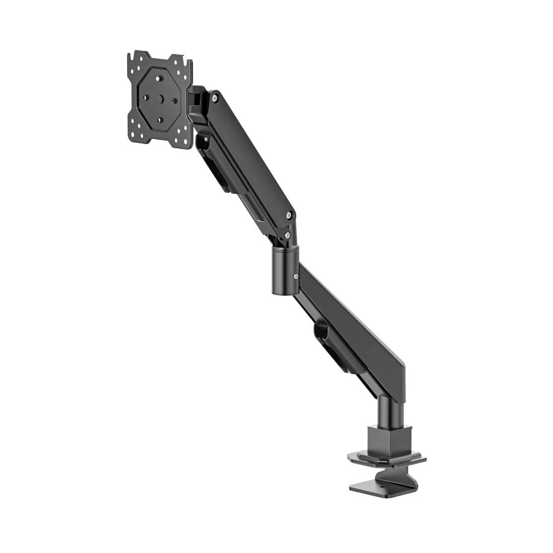 Black articulating desk monitor arm with clamp mount and VESA plate, shown against a white background.