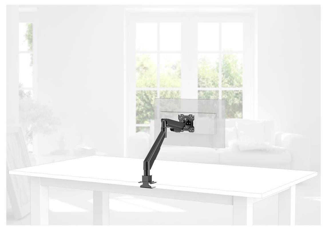 Adjustable monitor arm mounted to a white table in a bright office or home workspace, holding a screen at viewing height.
