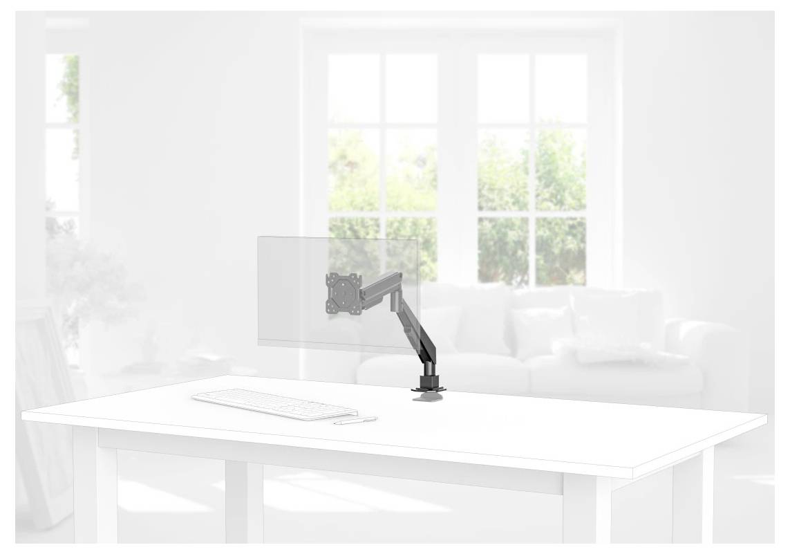 Adjustable monitor arm mounted on a white desk in a bright home office, holding a screen at eye level beside a keyboard.<br>