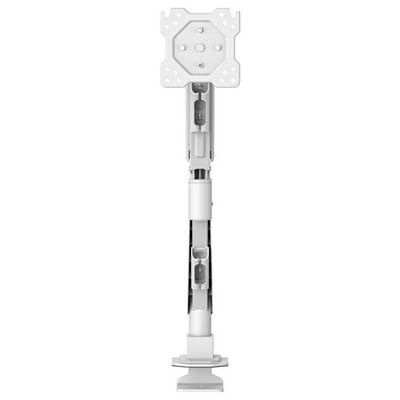 Foldable white adjustable stand or mount with a square top plate, central hinge, and weighted base.