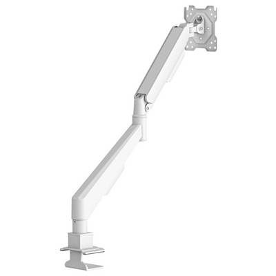 White adjustable monitor arm mounted to a desk clamp, shown extended and angled upward on a plain background.