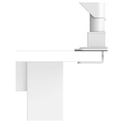 Close-up of a white wall-mounted paper towel dispenser with a paper towel hanging below, shown against a plain background.