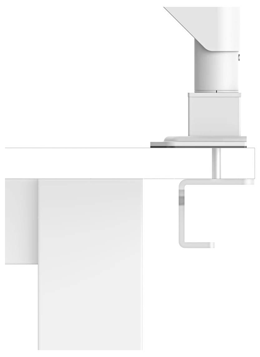 Minimal white 3D product illustration of a mounted dispenser or pump over a counter, showing part of the fixture and cabinet below.