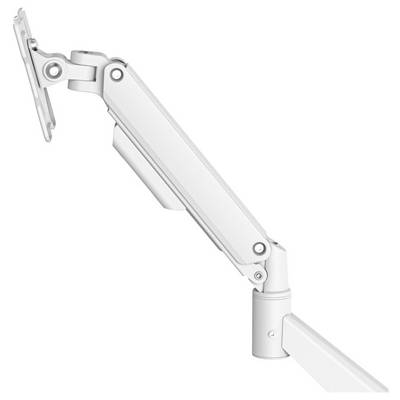 Adjustable silver monitor arm bracket for mounting a screen, shown against a white background.