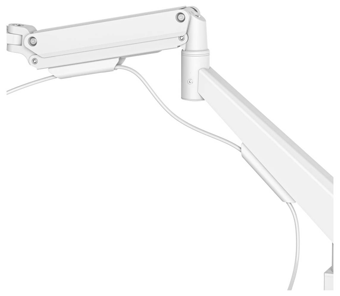White adjustable monitor arm or desk lamp arm with visible power cable on a plain background.