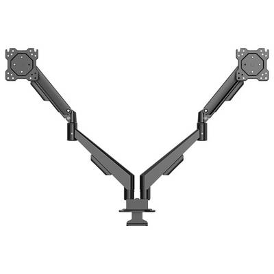 Dual monitor arm mount with two adjustable VESA brackets extending symmetrically from a central desk clamp.