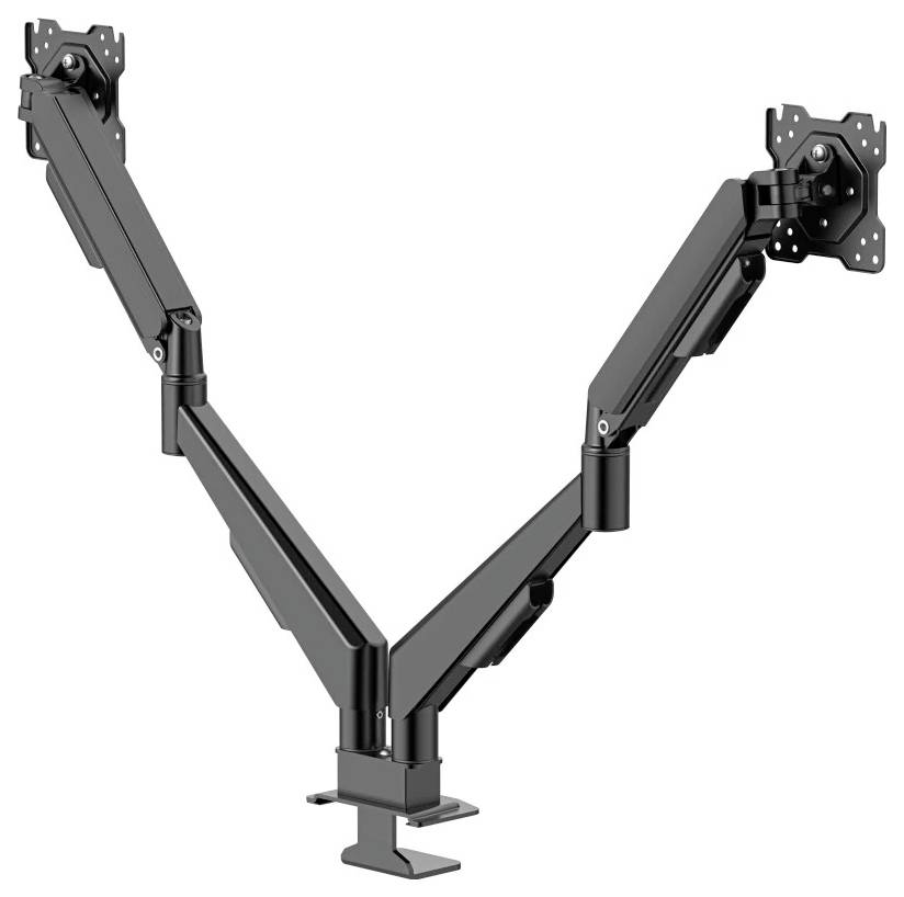 Black dual-arm monitor mount with V-shaped articulated arms and desk clamp on a white background.