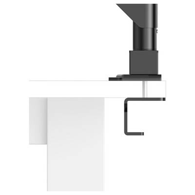 Side view of a black clamp or mounting bracket attached to the top edge of a white panel, with a hanging L-shaped hook below.