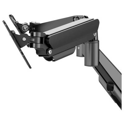 Adjustable black articulated monitor arm with a VESA mount plate and gas-spring joints on a white background.