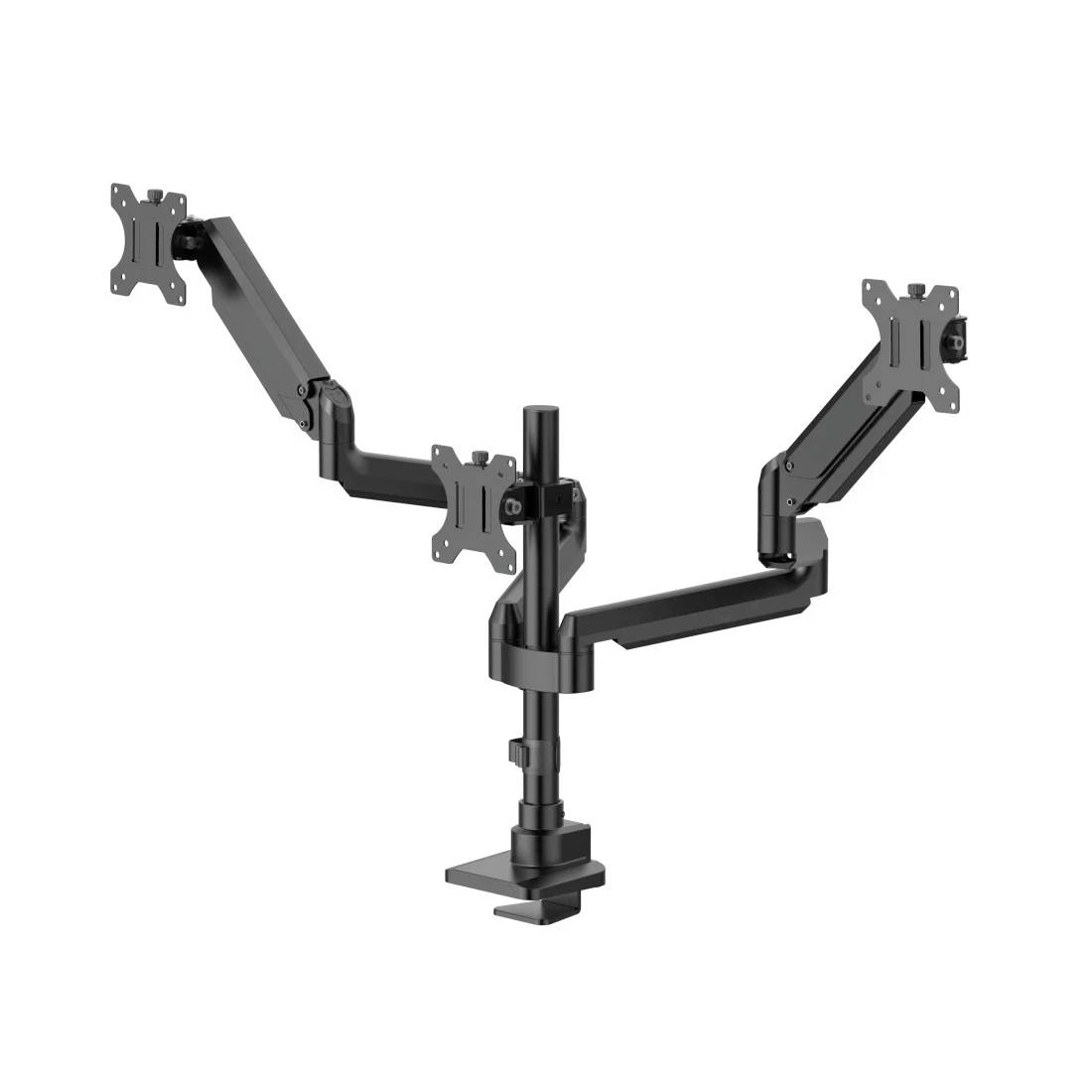 Black triple-monitor desk mount with three adjustable arms and VESA plates on a clamp base.