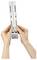 Hands holding a folded gray handheld measuring tool with two hinged halves, shown vertically against a plain white background.