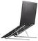 Black adjustable laptop stand with a laptop tilted upright on a white background.