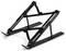 Black adjustable laptop stand with raised angled arms and base rails on a white background.