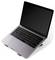 Open silver laptop with a black screen, viewed at an angle on a white background.