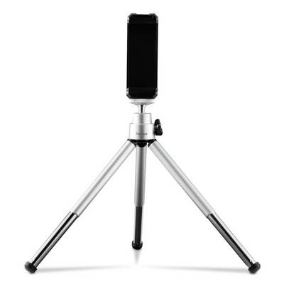 Small tripod stand with three extended legs and a mounted black rectangular device on top, isolated on a white background.