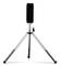 Small tripod stand with three extended legs and a mounted black rectangular device on top, isolated on a white background.