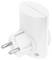 White electrical plug adapter with two round prongs and side grounding contacts, shown in close-up on a plain white background.