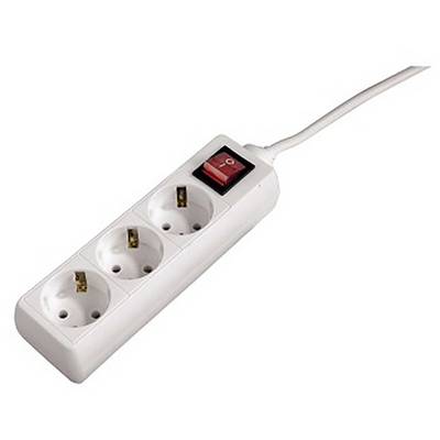 White power strip with three outlets and a red on/off switch, shown with attached cord on a white background.