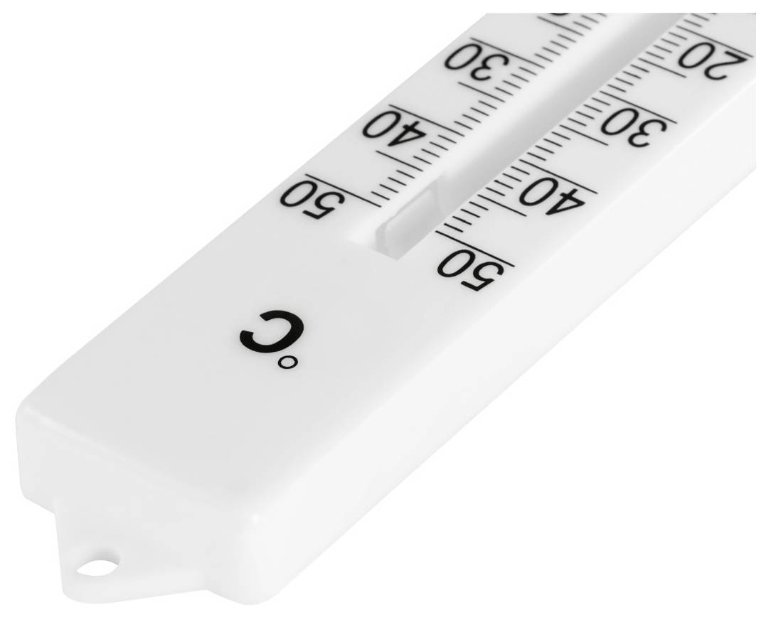 White Celsius thermometer with a 20-50 scale, shown diagonally against a plain background.