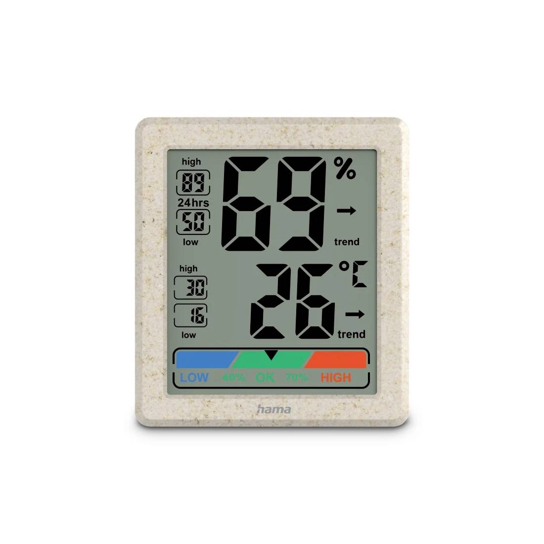 Digital hygrometer/thermometer display showing 69% humidity and 26°C, with low/high history and comfort scale from LOW to HIGH.<br>