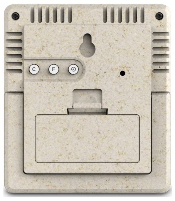 Front view of a beige wall thermostat or control panel with a small display cover, three buttons, vent slits, and mounting screw holes.